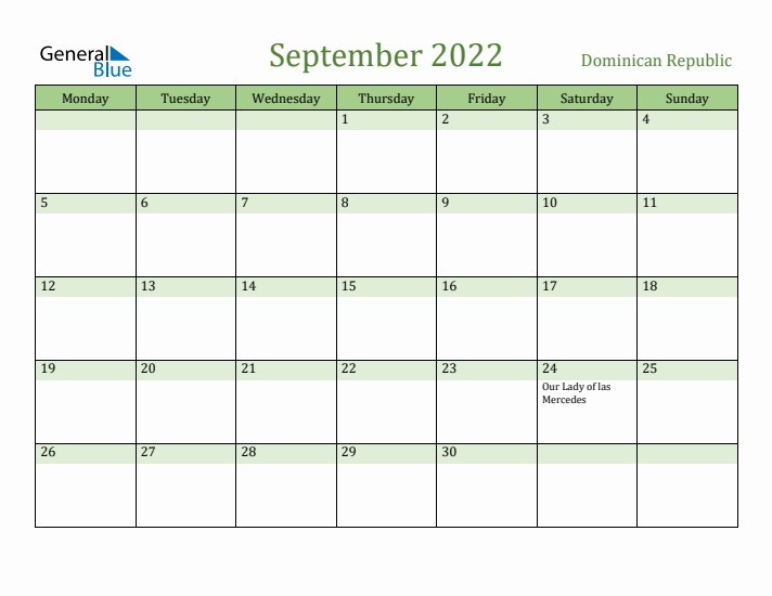 September 2022 Calendar with Dominican Republic Holidays