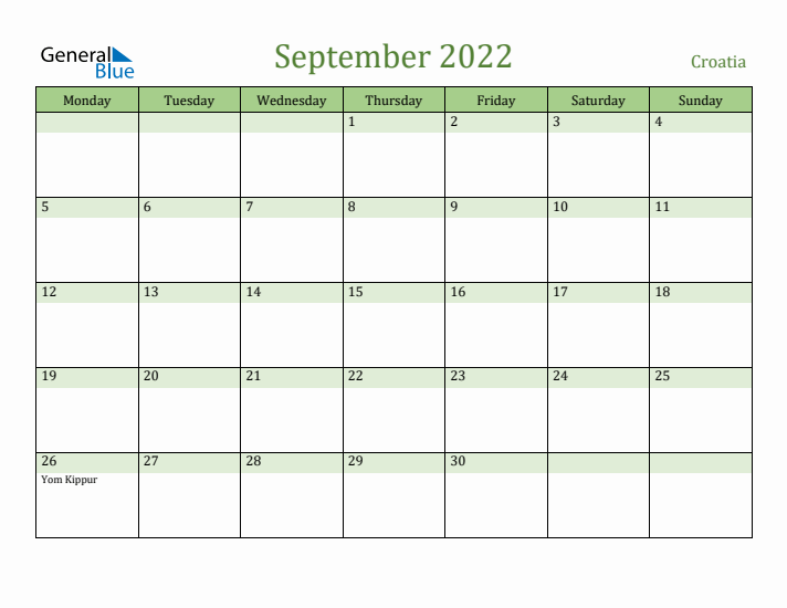 September 2022 Calendar with Croatia Holidays