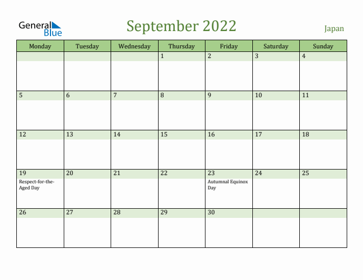 September 2022 Calendar with Japan Holidays