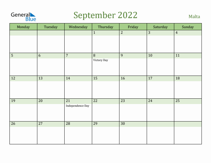 September 2022 Calendar with Malta Holidays