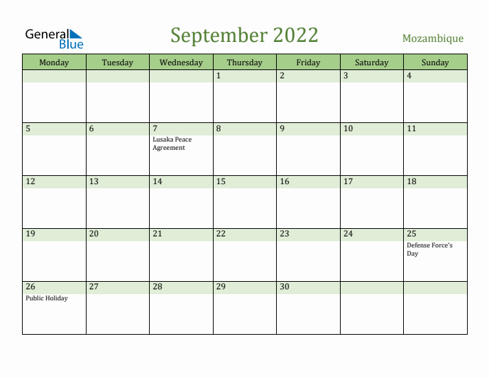 September 2022 Calendar with Mozambique Holidays