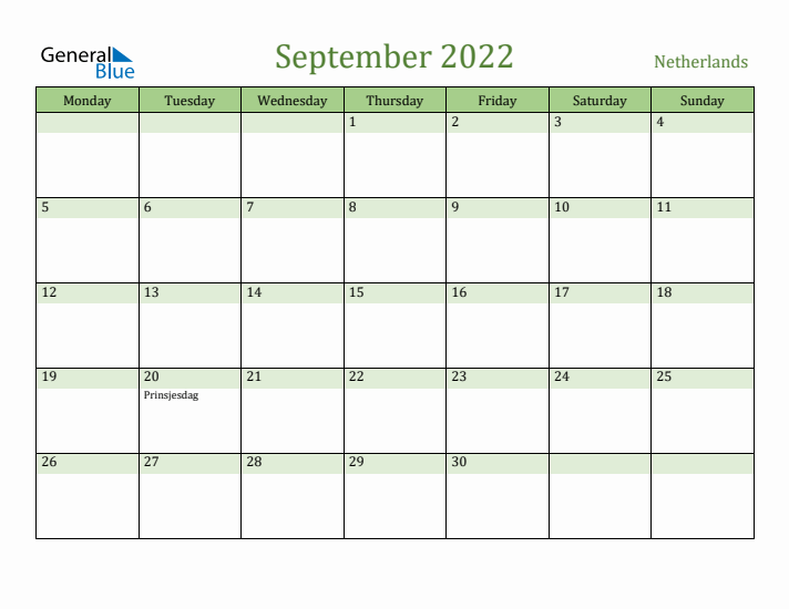 September 2022 Calendar with The Netherlands Holidays