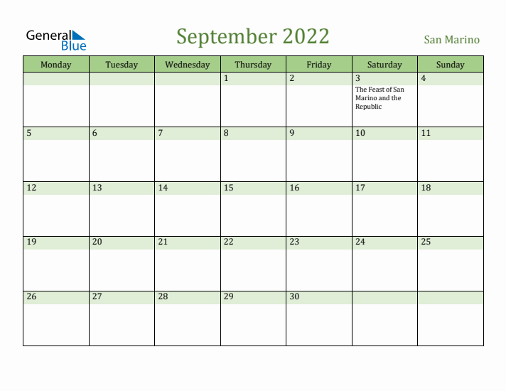 September 2022 Calendar with San Marino Holidays