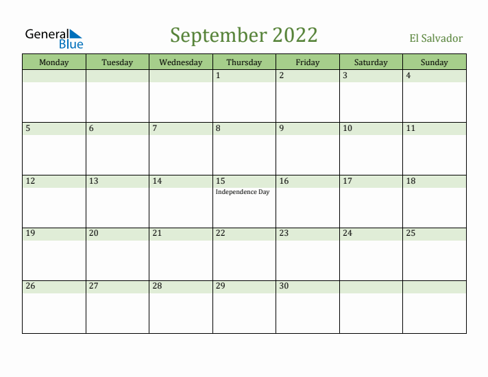 September 2022 Calendar with El Salvador Holidays