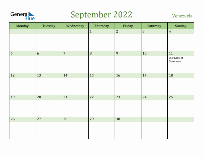 September 2022 Calendar with Venezuela Holidays