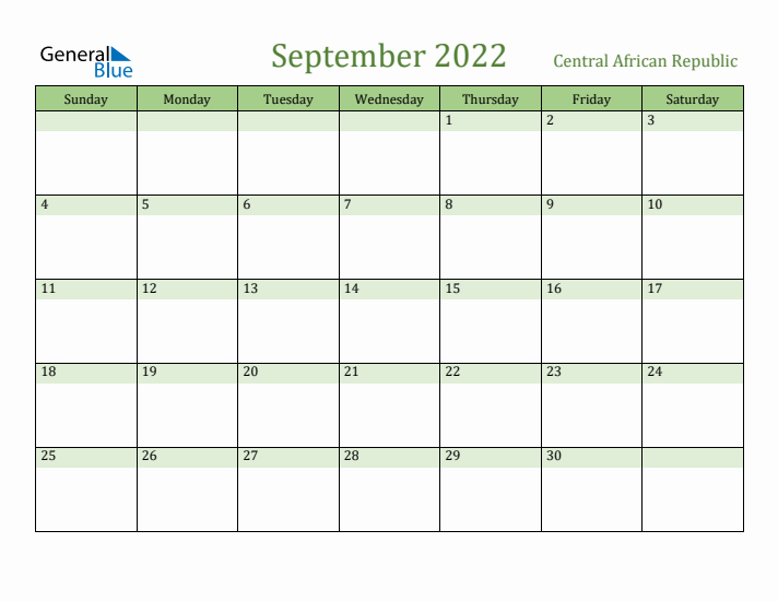 September 2022 Calendar with Central African Republic Holidays