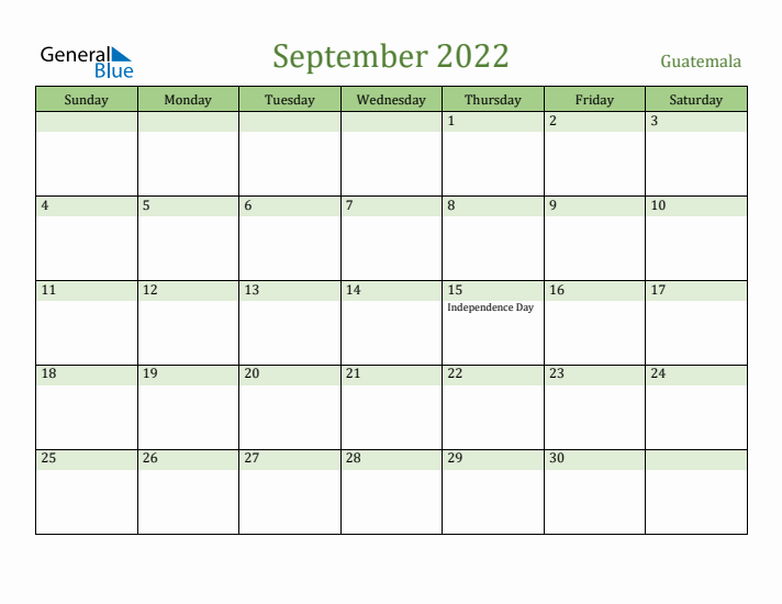 September 2022 Calendar with Guatemala Holidays