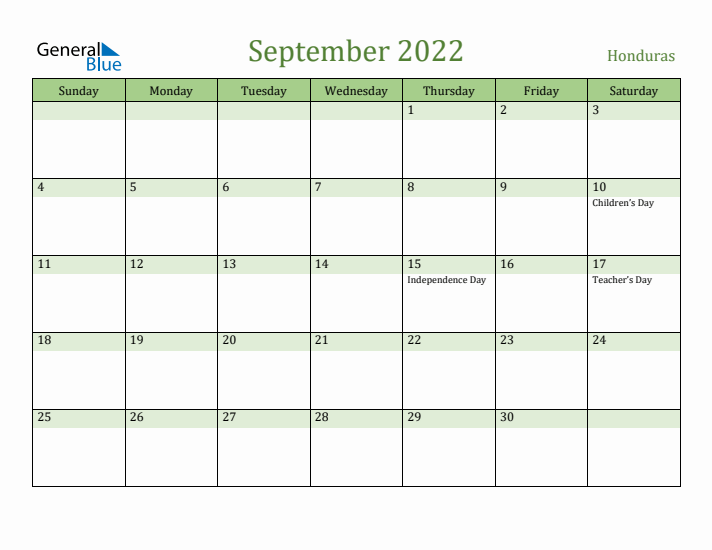 September 2022 Calendar with Honduras Holidays