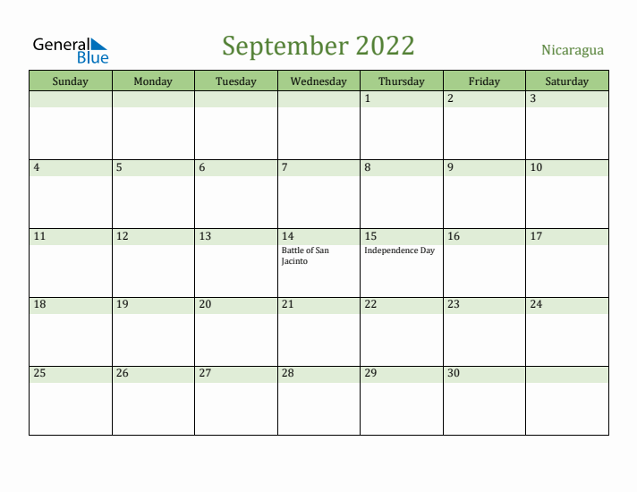 September 2022 Calendar with Nicaragua Holidays