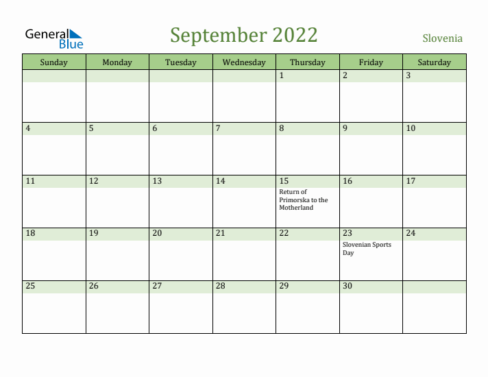 September 2022 Calendar with Slovenia Holidays