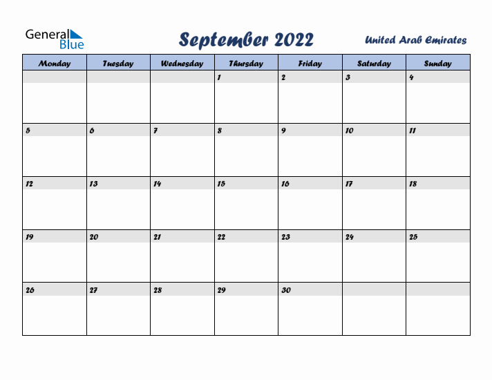 September 2022 Calendar with Holidays in United Arab Emirates