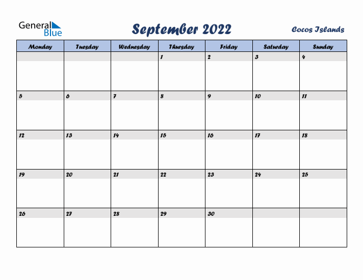 September 2022 Calendar with Holidays in Cocos Islands