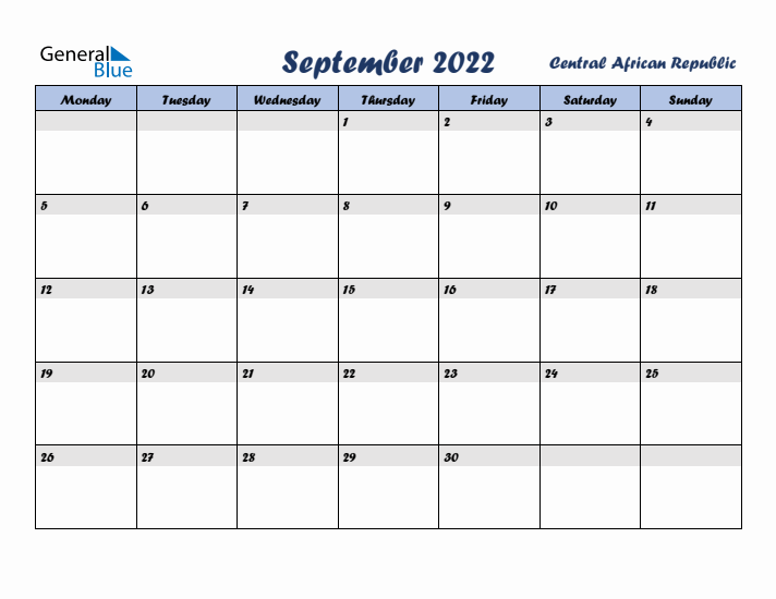 September 2022 Calendar with Holidays in Central African Republic