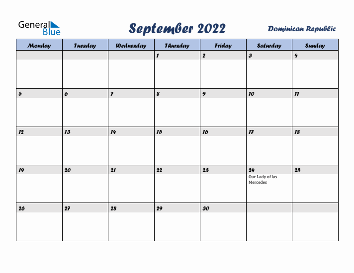 September 2022 Calendar with Holidays in Dominican Republic