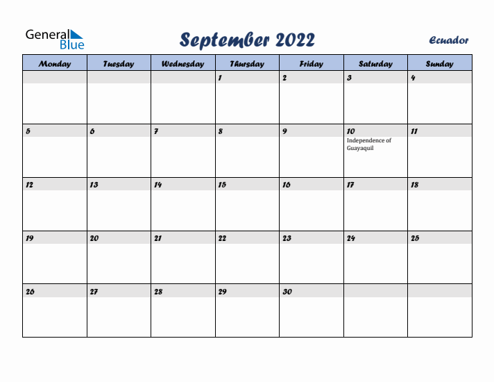 September 2022 Calendar with Holidays in Ecuador