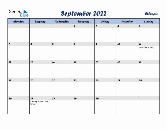 September 2022 Calendar with Holidays in Ethiopia