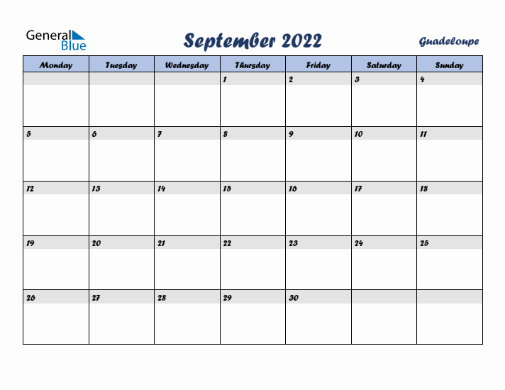 September 2022 Calendar with Holidays in Guadeloupe