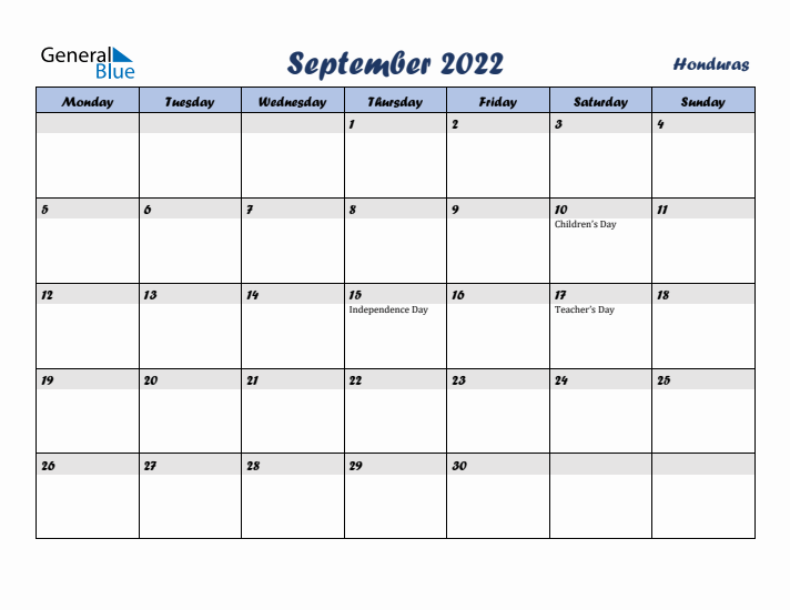 September 2022 Calendar with Holidays in Honduras