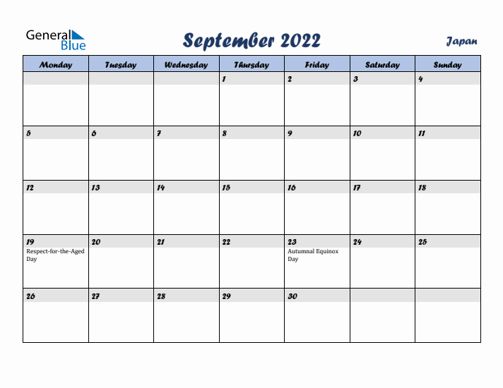 September 2022 Calendar with Holidays in Japan