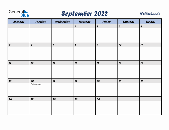 September 2022 Calendar with Holidays in The Netherlands