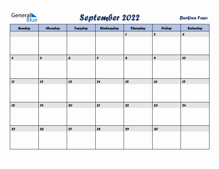 September 2022 Calendar with Holidays in Burkina Faso