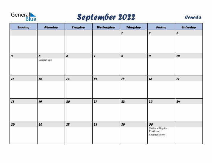 September 2022 Calendar with Holidays in Canada