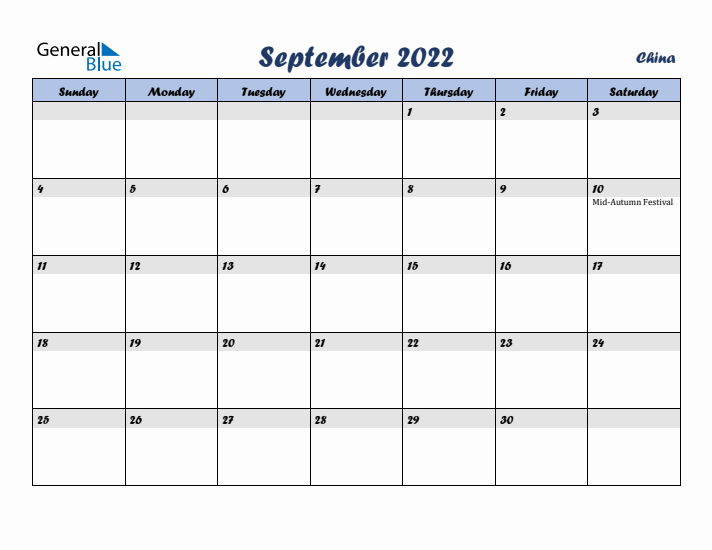 September 2022 Calendar with Holidays in China