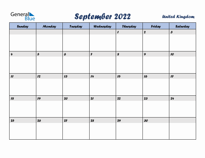 September 2022 Calendar with Holidays in United Kingdom