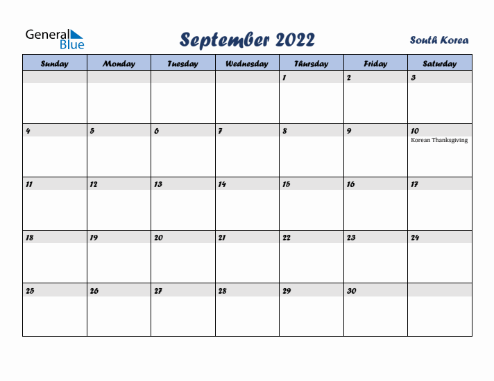 September 2022 Calendar with Holidays in South Korea