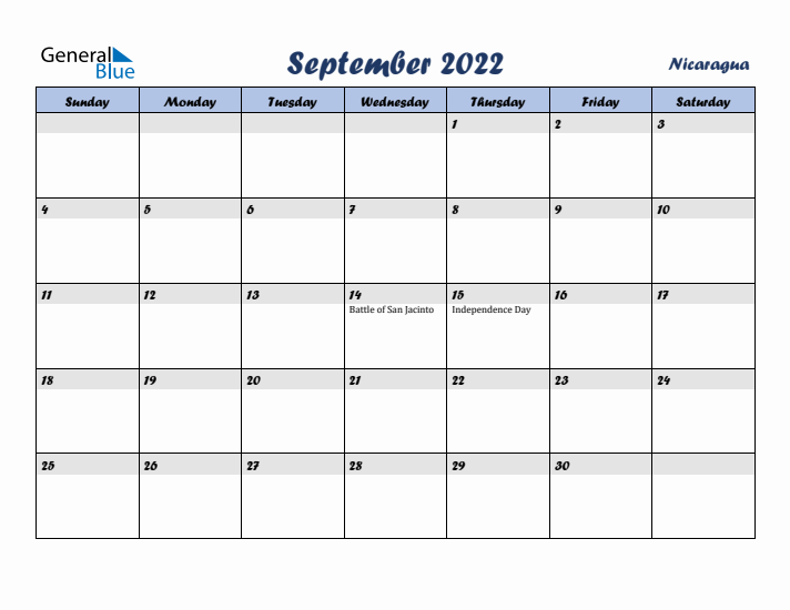 September 2022 Calendar with Holidays in Nicaragua