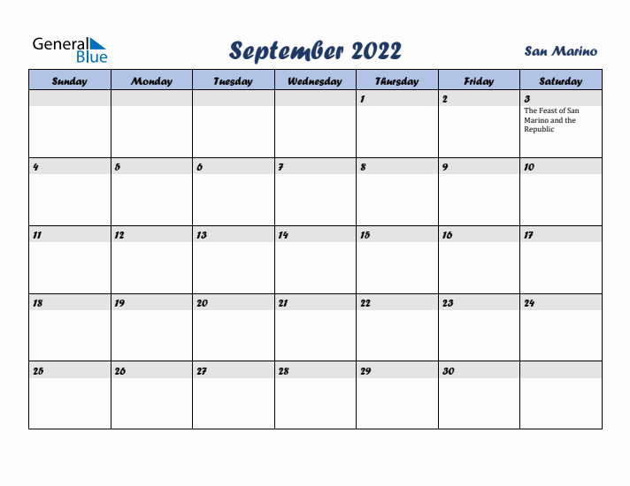 September 2022 Calendar with Holidays in San Marino