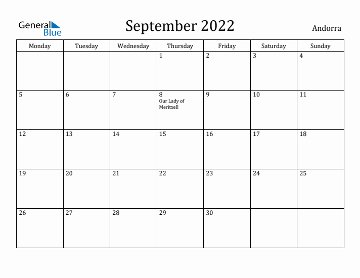 September 2022 Calendar Andorra