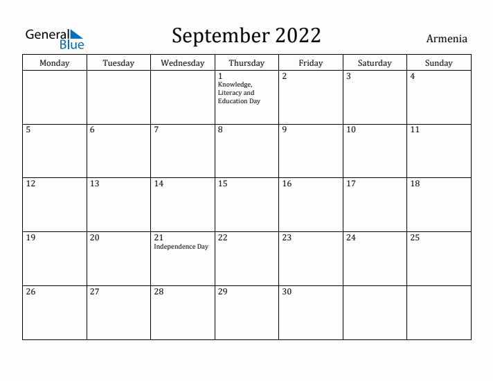 September 2022 Calendar Armenia