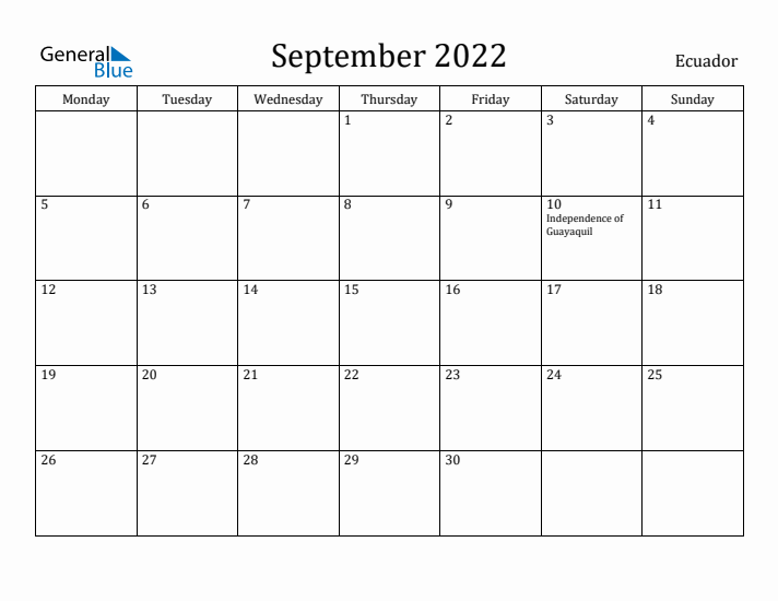 September 2022 Calendar Ecuador