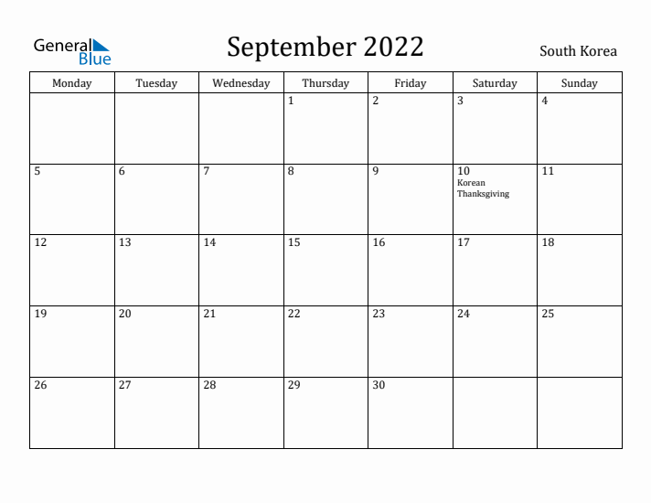 September 2022 Calendar South Korea