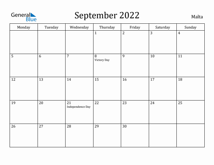 September 2022 Calendar Malta