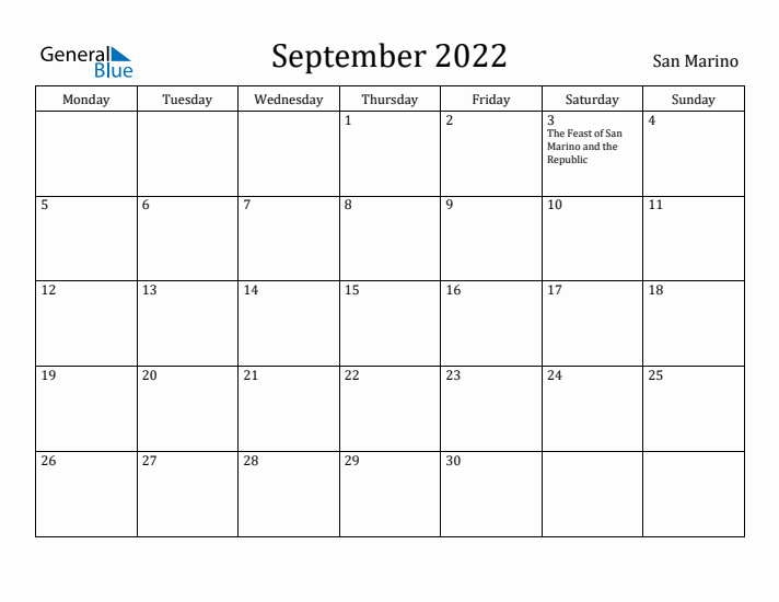 September 2022 Calendar San Marino