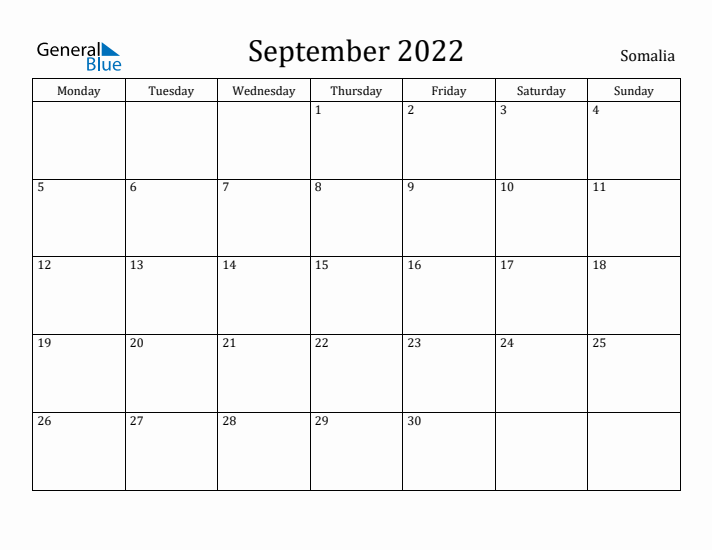 September 2022 Calendar Somalia