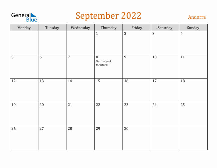 September 2022 Holiday Calendar with Monday Start