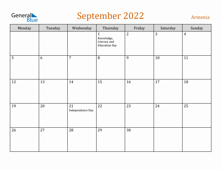 September 2022 Holiday Calendar with Monday Start