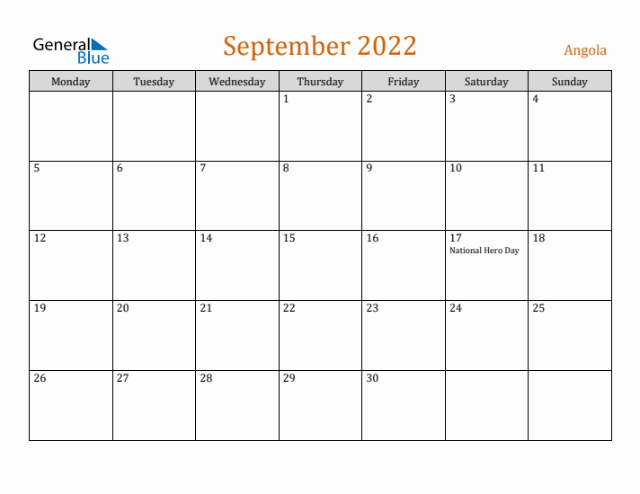 September 2022 Holiday Calendar with Monday Start