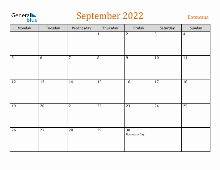 September 2022 Holiday Calendar with Monday Start