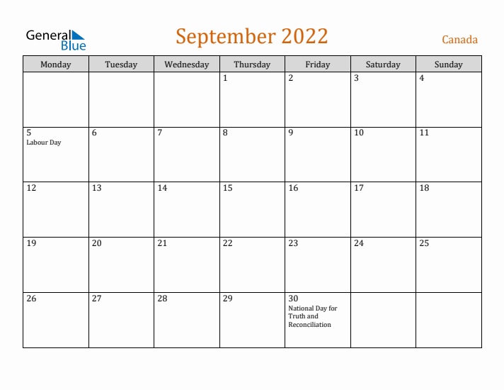 September 2022 Holiday Calendar with Monday Start