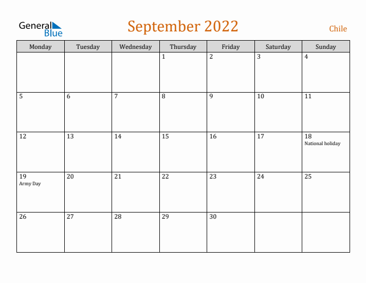 September 2022 Holiday Calendar with Monday Start