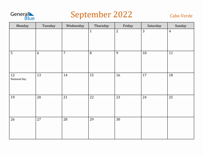 September 2022 Holiday Calendar with Monday Start