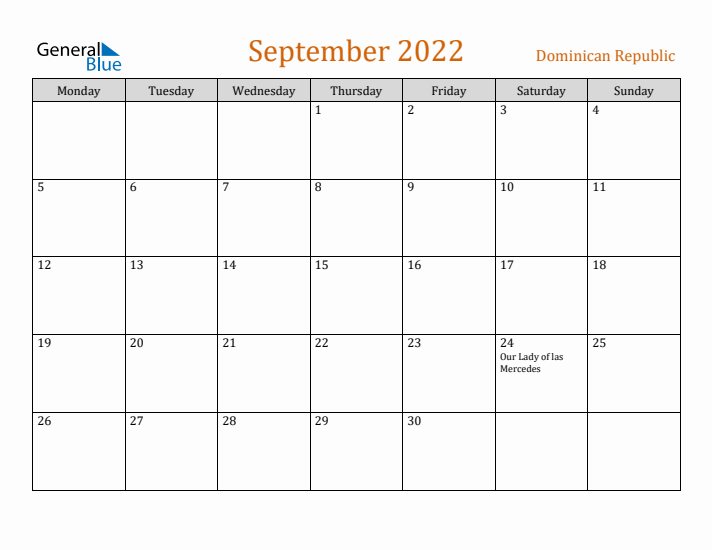 September 2022 Holiday Calendar with Monday Start