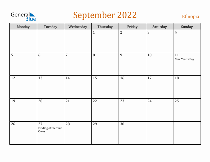 September 2022 Holiday Calendar with Monday Start