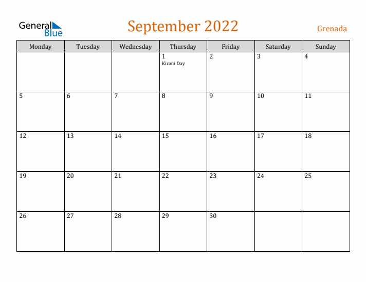 September 2022 Holiday Calendar with Monday Start