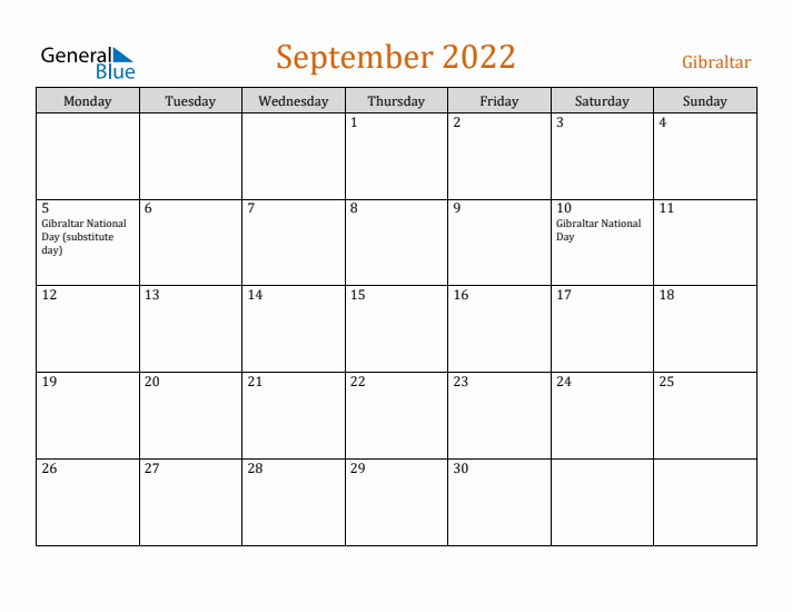 September 2022 Holiday Calendar with Monday Start