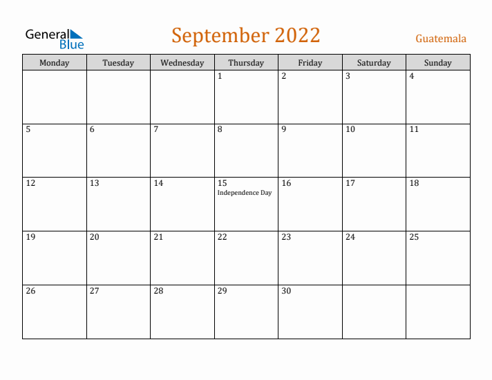 September 2022 Holiday Calendar with Monday Start